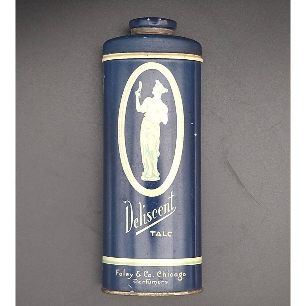 Vintage ART DECO Deliscent Talcum Powder Tin - Foley & Co.  6"T x 2.25"W